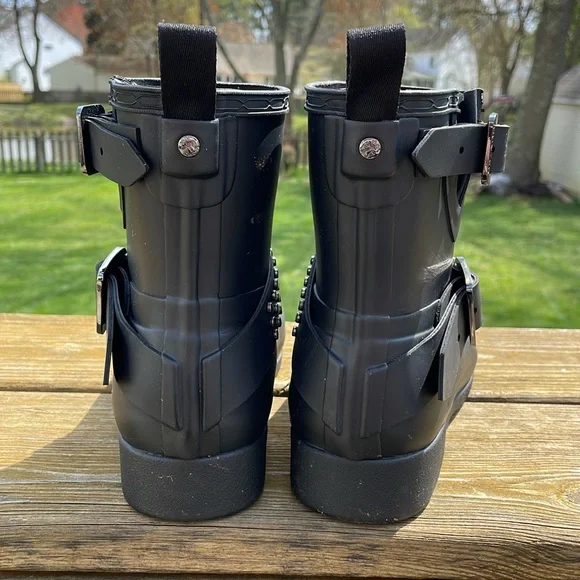 Hunter Sz 7 Black Refined Stud Biker Rubber Rain Bootie Ankle Boots - Picture 4 of 15